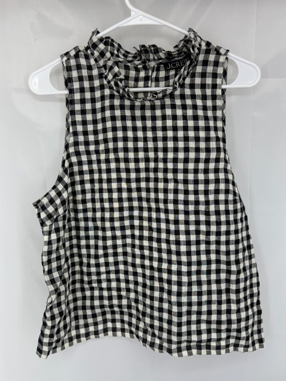 J Crew Women M Fluer Top Linen Gingham Plaid Black White Ruffle Neck Lightweight